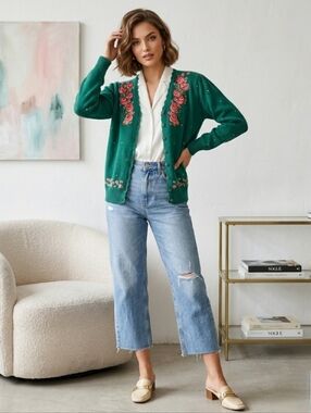 Margules Green Pink Red Embroidered Roses Cotton Blend V-Neck Button Up Cardigan